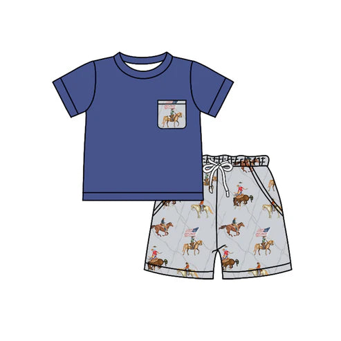 4.19 BSSO1498 Baby Boys Hot Blue Short Sleeves Pocket Top Horse Rodeos Pockets Short Set Preorder