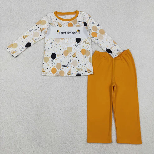11.1 BLP1299 Embroidery Baby Boys Happy New Year Balloons Top Pants Clothes Set