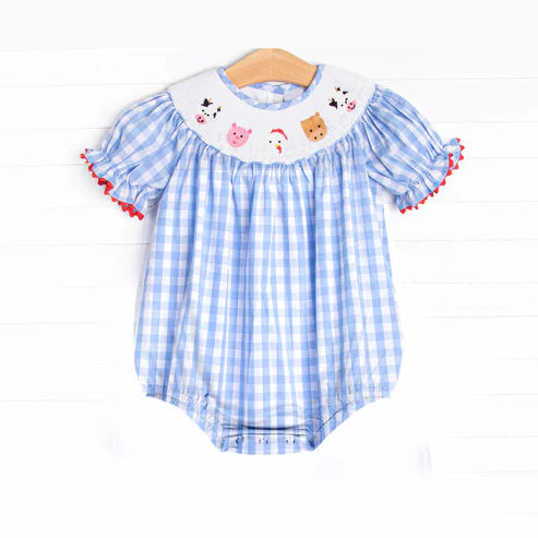 3.25 SR2981 Baby Infant Girls Blue Plaid Short Ruffle Sleeves Cows Pigs Farm Smocked Rompers Preorder