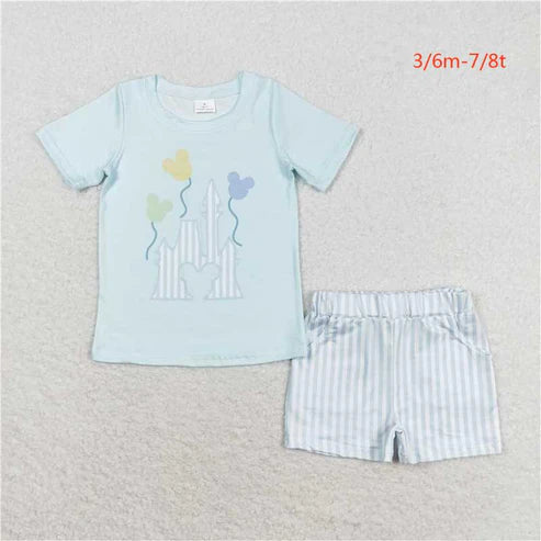 BSSO0777 Boys Castle Balloon Blue Short Sleeve Striped Shorts Set