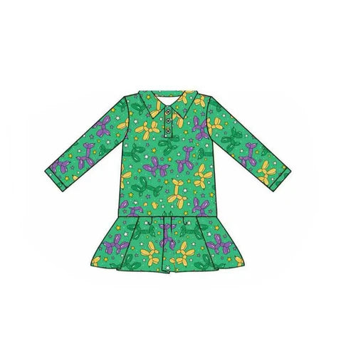 10.1 GT1262 Baby Girls Green Long Sleeve Stars Dogs Mardigras Button Ruffle Top Preorder