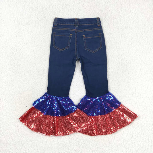 L-3.7 P0430 Red and blue sequined dark blue denim pants