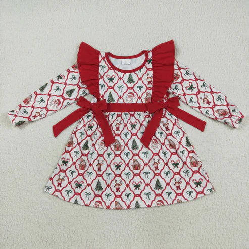 8.12 GLD1158 Baby Girls Long Ruffle Sleeves Bows Trees Plaid Knee Length Dress