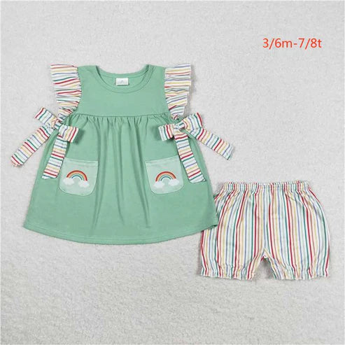 6.16 GSSO0596 Colorful striped lace bow rainbow flying sleeve shorts set