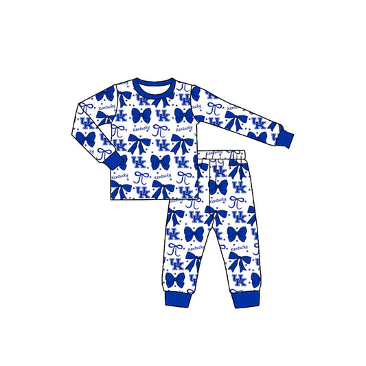 9.5 Custom Moq 5 Baby Girls Blue Kentucky UK Team Bows Top Pants Pajamas Sets