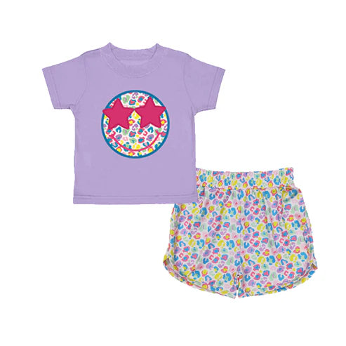 4.21 GSSO2562 Baby Girls Lavender Short Sleeves Smile Top Colorful Leopard Short Set Preorder