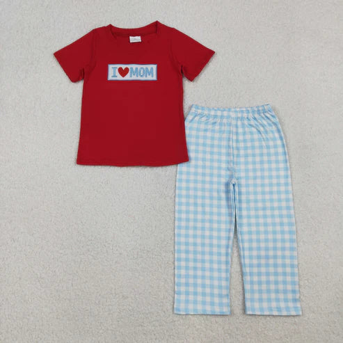 10.22 BSPO0588 Embroidery Baby Boys I Love Mom Top Blue Checked Pants Clothes Set