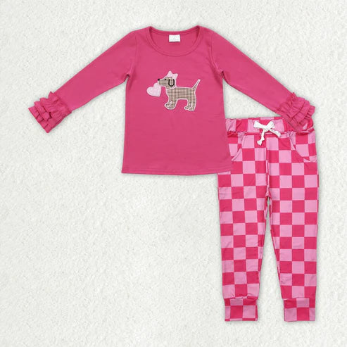 3.18 GT0409+P0700 Baby Girls Valentines Dog Heart Top Checkered Pants Clothes Set