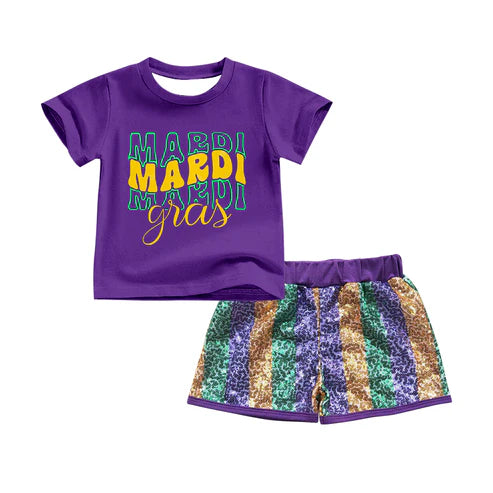 9.30 GSSO2713 Baby Girls Purple MARDI GRAS Top Sequin Shorts Clothes Sets Preorder