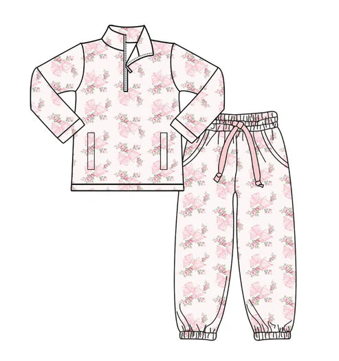 10.20 GLP2941 Baby Girls Pink Bows Flowers Pockets Zipper Pullovers Jogger Pants Yoga Clothes Set Preorder