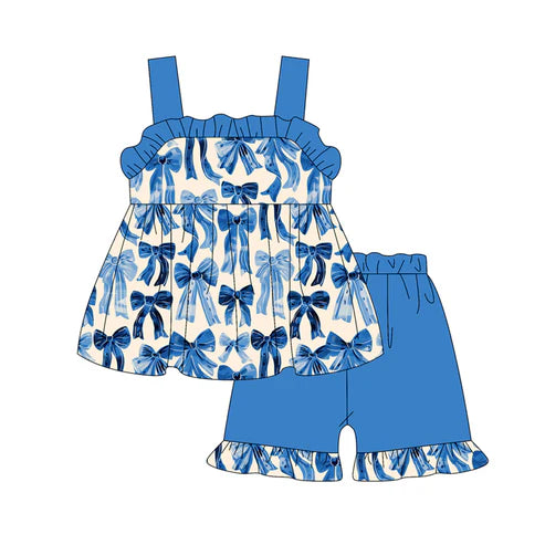 3.22  GSSO2369 Baby Girls Hot Blue Strap Bows Tunic Ruffle Short Clothes Set Preorder