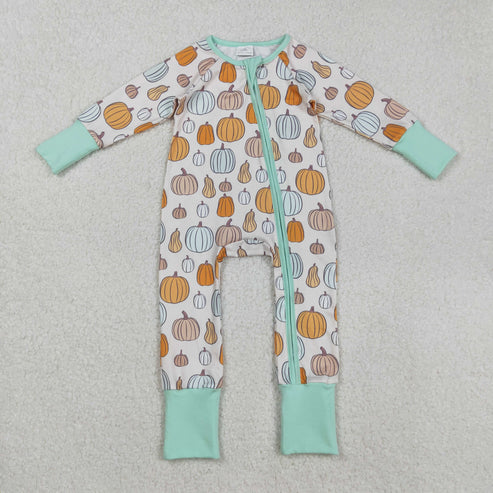 9.17 LR2565 Baby Boys Colorful Pumpkins Plaid Fall Zipper Footie Romper