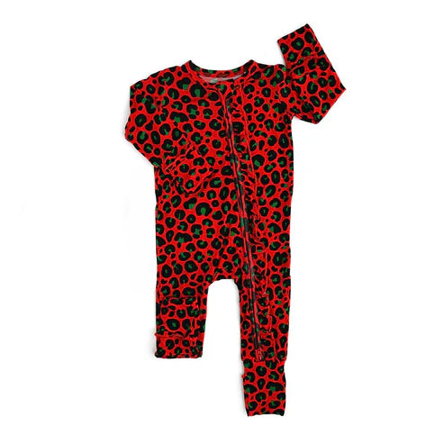 5.29 LR1962 Baby Infant Girls Christmas Red Green Leopard Zip Rompers preorder