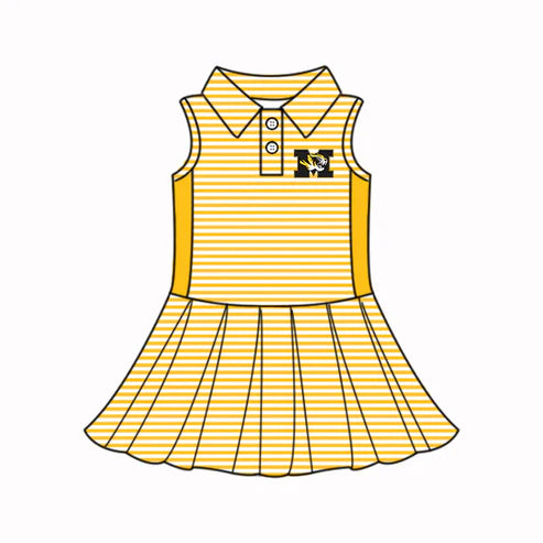 6.21 Custom Moq 3 Baby Girls Sleeveless Yellow Stripes Button Lion M Team Knee Length Dresses