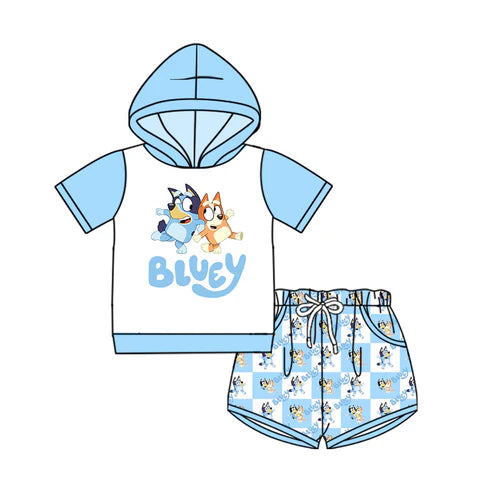 6.19  BSSO1518 Baby Boys Blue Short Sleeves Cartoon Dogs Hoodies Top Pockets Short Set Preorder