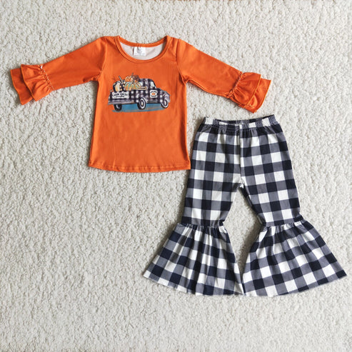 9.1 RTS NO MOQ 6 A8-29 Pumpkin Car Long Sleeve Orange Top Plaid Flared Pants Suit