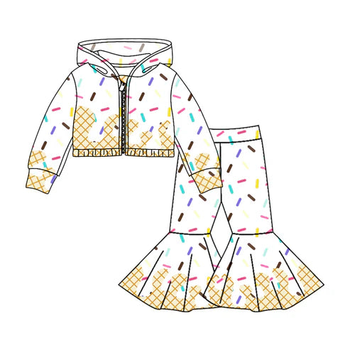 8.9 Custom Moq 5 Baby Girls Long Sleeves Drip Zipper Jacket Top Bell Bottom Pant Team Clothes Sets