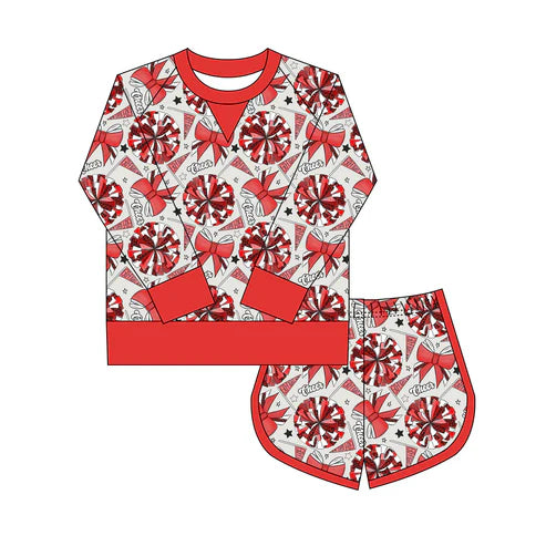 10.15 Custom Moq 8 Baby Girls Red Bows Go Footballs Long Sleeve Top Shorts Team Clothes Set