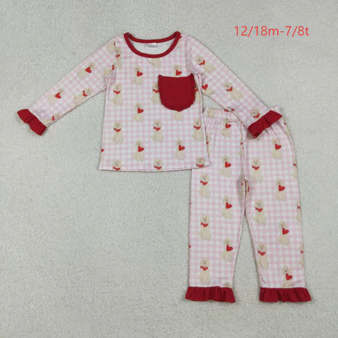 10.20 GLP2880 Baby Girls Pink Checked Dogs Hearts Pockets Ruffle Pants Valentine Pajamas Set