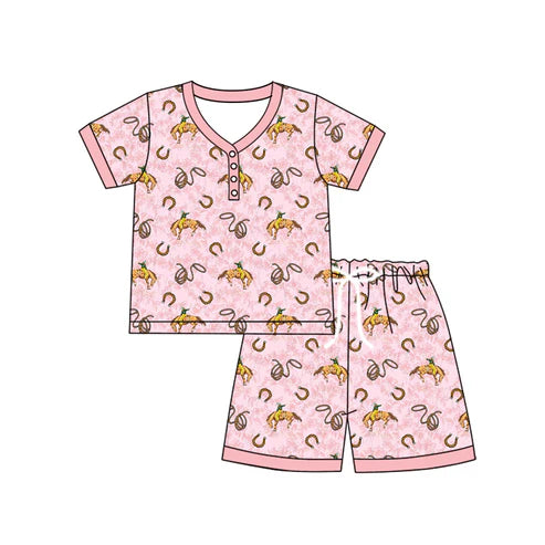 6.19 GSSO2617 Adult Women Pink Short Sleeves Horse Rodeos Button Top Short Pajamas Sets Preorder