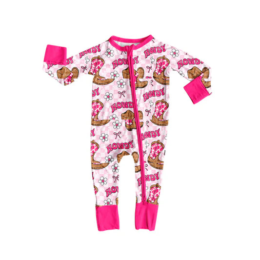 8.2 LR2516 Baby Girls Western Howdy Boots Plaid Zipper Footie Rompers Preorder