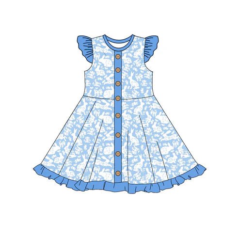 10.21  GSD2862 Baby Girls Blue Rabbits Flowers Easter Button Ruffle Knee Length Dresses Preorder