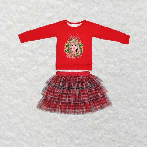 GT0703+GLK0033 Christmas red long sleeve skirt set