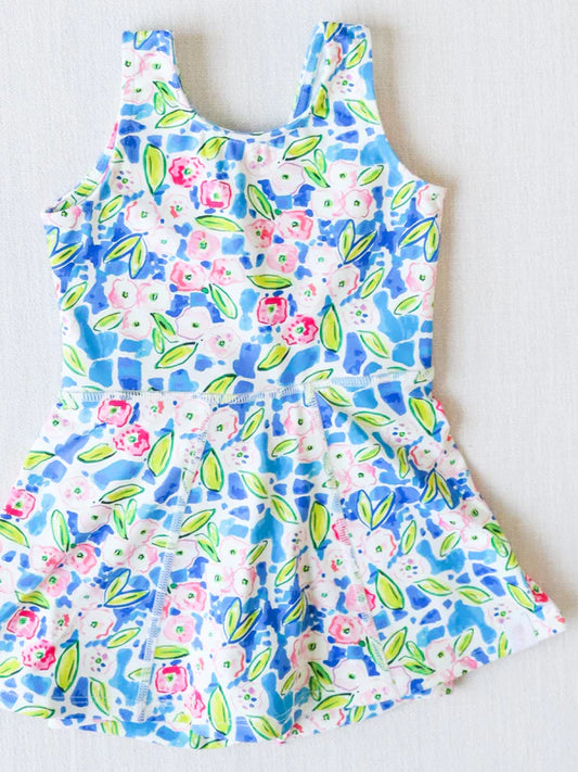 L-3.5GSD1990 Baby Girls Blue Flowers Sleeveless Athletic Dresses Preorder