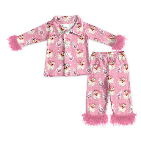 8.22 GLP2718 Adult Women Pink Santa Trees Button Top Pants Christmas Fur Pajamas Set Preorder