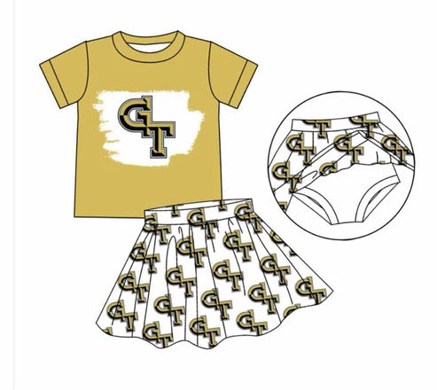 8.9 Custom Moq 5 Baby Girls Yellow Short Sleeves GT Top Plaid Bummies Skorts Team Set