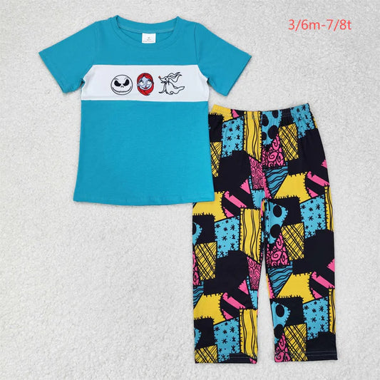 L-3.1 BSPO0416 Boys Christmas Eve teal short-sleeved patchwork pants suit