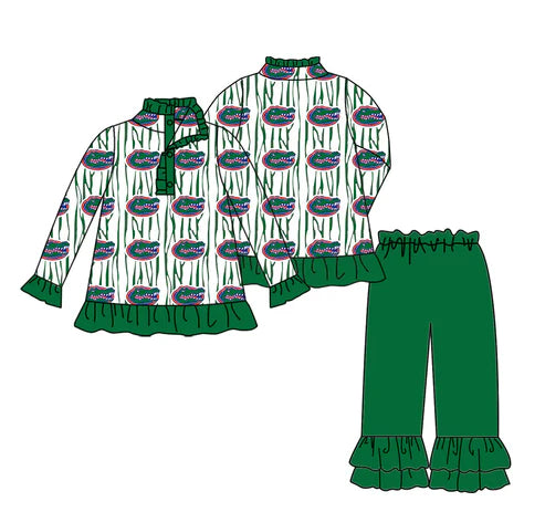 11.4 Custom Moq 8 Baby Girls Crocodiles Stripe Button Pullovers Ruffle Pants Team Clothes Sets