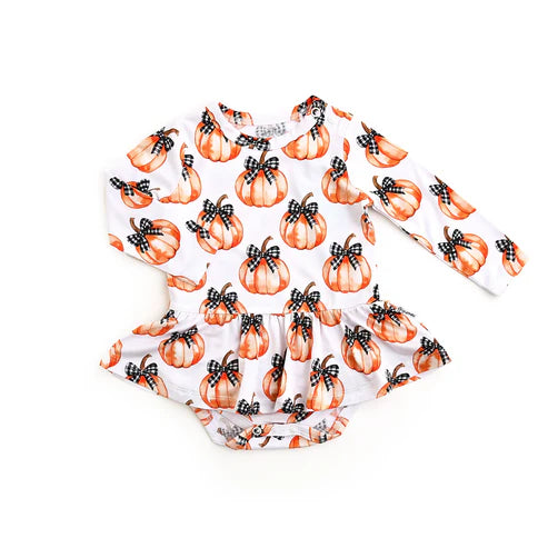 8.7LR2556 Baby Girls Bows Pumpkins Ruffle Bummies Fall Rompers Preorder
