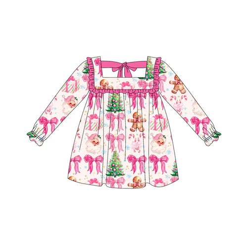 5.19 GLD1055 Baby Girls Long Ruffle Sleeves Santa Gingerbread Gifts Knee Length Dresses Preorder