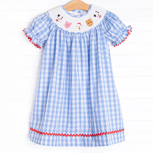 3.25 GSD2275 Baby Girls Blue Plaid Short Ruffle Sleeves Smocked Cows Pigs Farm Knee Length Dresses Preorder