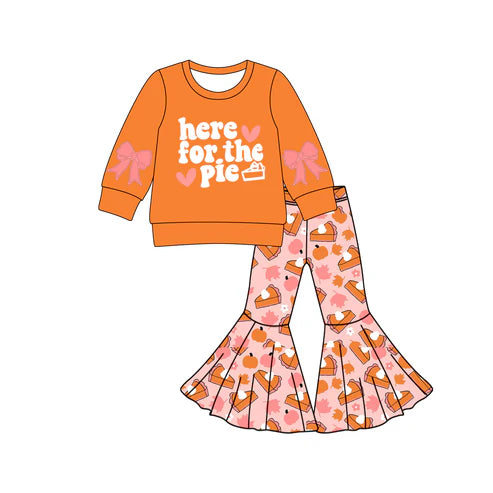 8.16 GLP2707 Baby Girls Orange Here For The Pie Top Bell Bottom Pants Thanksgiving Set Preorder