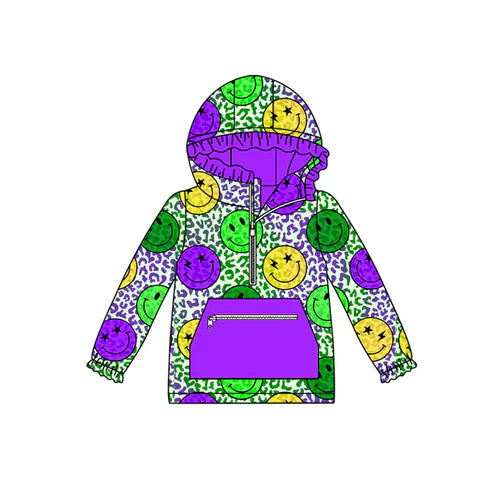 10.10  Custom Moq 5 Baby Girls Purple Yellow Green Smiles Leopard Pockets Zipper Hoodies Top