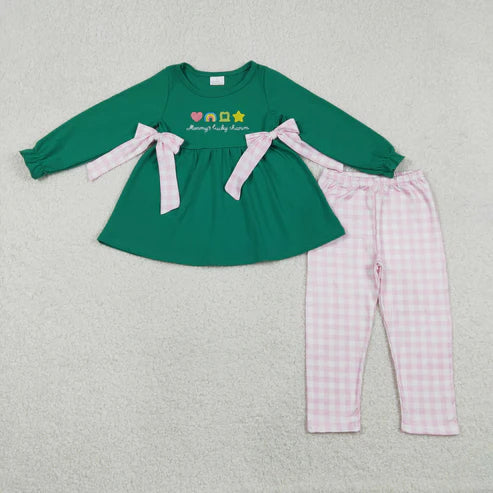 12.16 GLP3066 Embroidery Clovers Bows Baby Girls Tunic Checked Leggings St Patrick Clothes Set