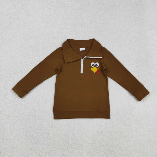 9.3  BT1265 Embroidery Baby Boys Brown Long Sleeves Zipper Turkey Polo Shirts Top