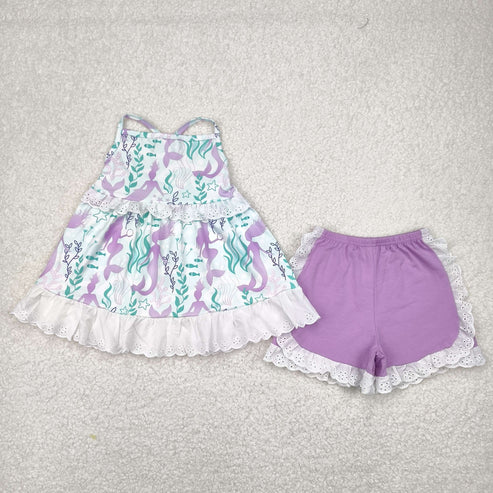 4.15 GSSO1675 Baby Girls Mermaid Lace Ruffle Tunic Shorts Clothes Set