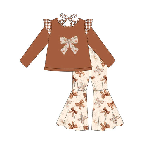 7.29 GLP2600 Baby Girls Long Sleeves Floral Bows Tunic Bell Bottom Pants Set Preorder