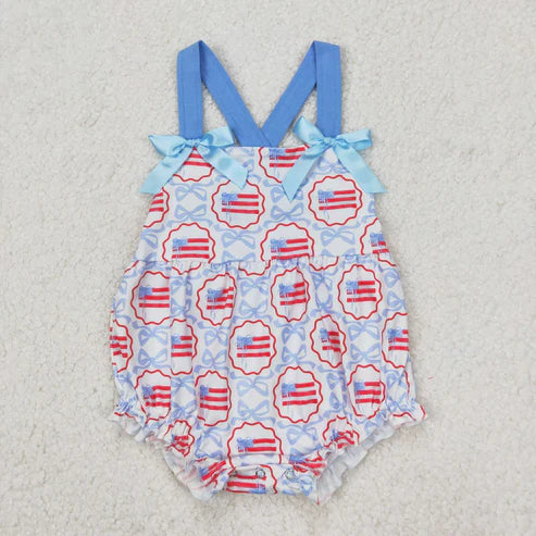 3.29 SR2691 Baby Infant Girls Blue Bows Flag Straps Romper