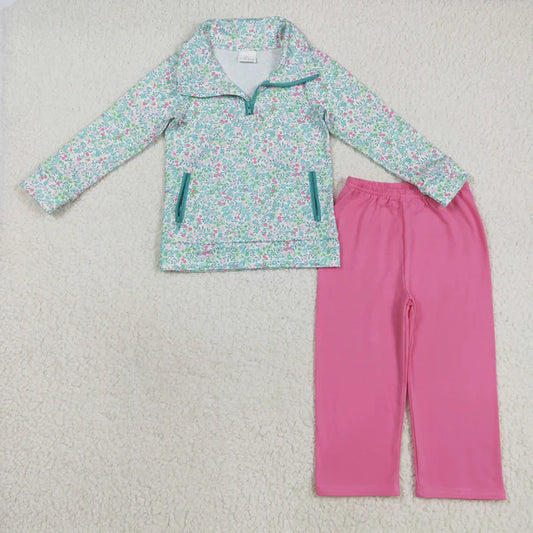 8.15 Baby Girls Long Sleeves Green Floral Pockets Zipper Top Pink Pant Set