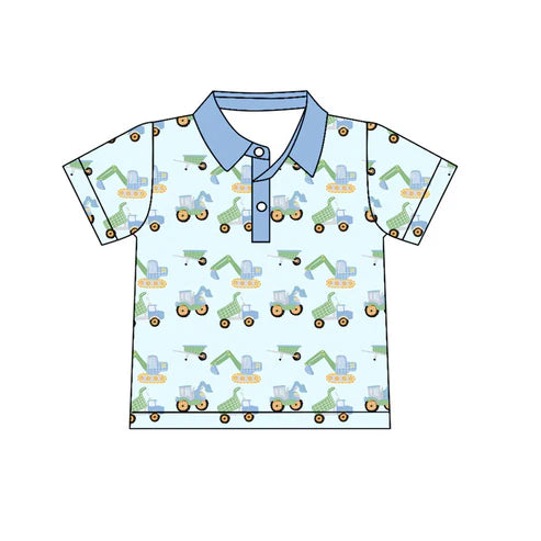 6.7  BT1262 Baby Boys Short Sleeves Blue Excavators Plaid Button Polo Shirts Top Preorder