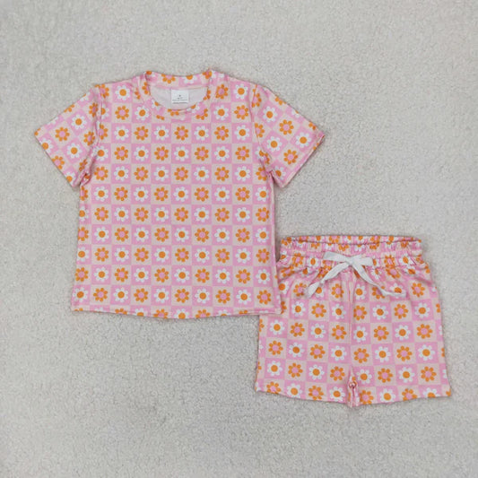 4.8  GSSO2425 Baby Girls Pink Plaid Short Sleeves Daisy Flowers Top Short Pajamas Set