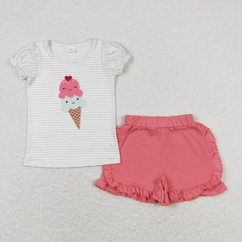 6.17 GSSO0579 Ice cream striped short sleeve rose-colored shorts suit