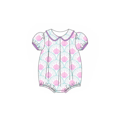 3.28 SR2962 Baby Infant Girls Purple Short Ruffle Sleeves Bows Shell Ruffle Rompers Preorder