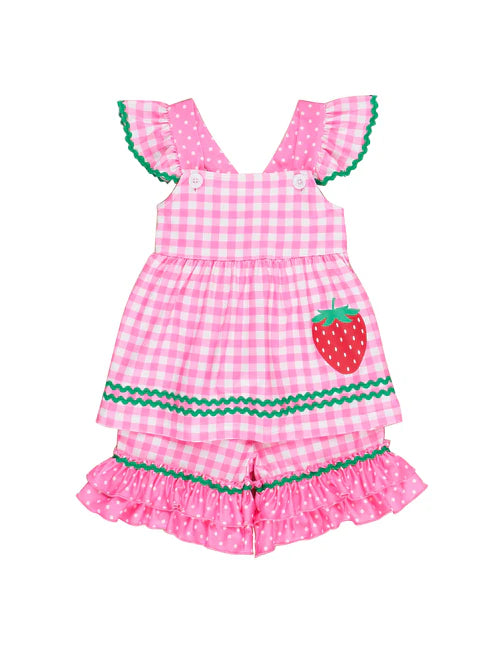 3.25 GSSO2440 Baby Girls Pink Plaid Flutter Sleeves Strawberry Tunic Ruffle Short Set Preorder