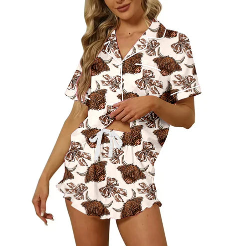 5.16 Preorder Moq 3 Adult Women Western Highland Cow Bows Button Pocket Top Short Pajamas