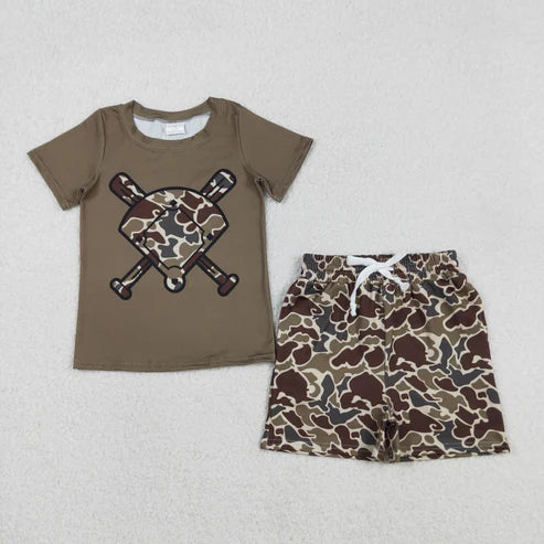 11.18 BT1425+SS0735 Baby Girls Dark Brown Camo Baseball Top Pockets Shorts Team Clothes Set